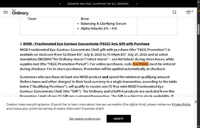 The Ordinary checkout page showing The Ordinary promo code box | Screenshot taken by SimplyCodes community member on Aug 12, 2025