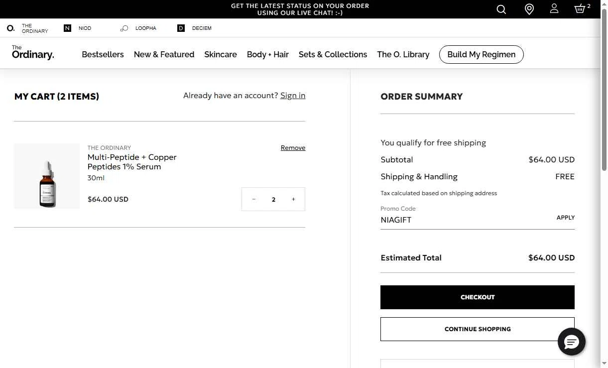 The Ordinary checkout page showing The Ordinary promo code box | Screenshot taken by SimplyCodes community member on Oct 7, 2025