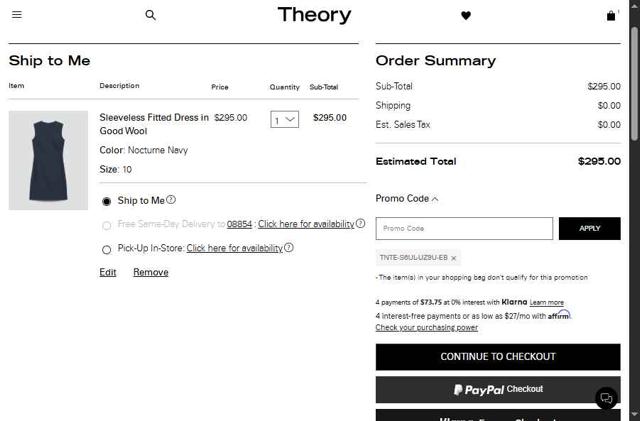 Theory checkout page showing Theory promo code box | Screenshot taken by SimplyCodes community member on Sep 11, 2025