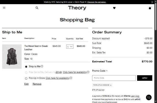 Theory checkout page showing Theory promo code box | Screenshot taken by SimplyCodes community member on Sep 11, 2025