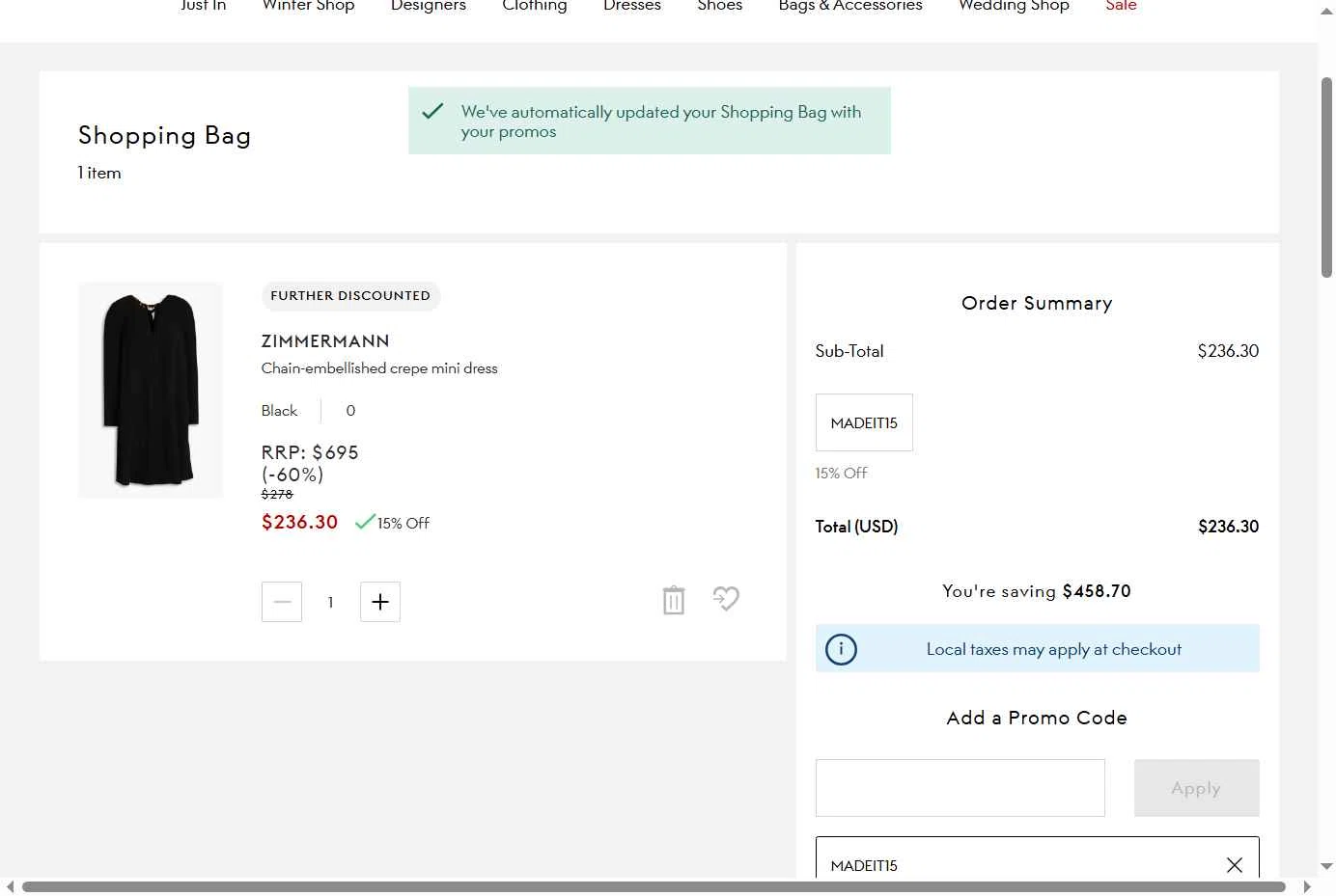 THE OUTNET checkout page showing THE OUTNET promo code box | Screenshot taken by SimplyCodes community member on Jan 15, 2026