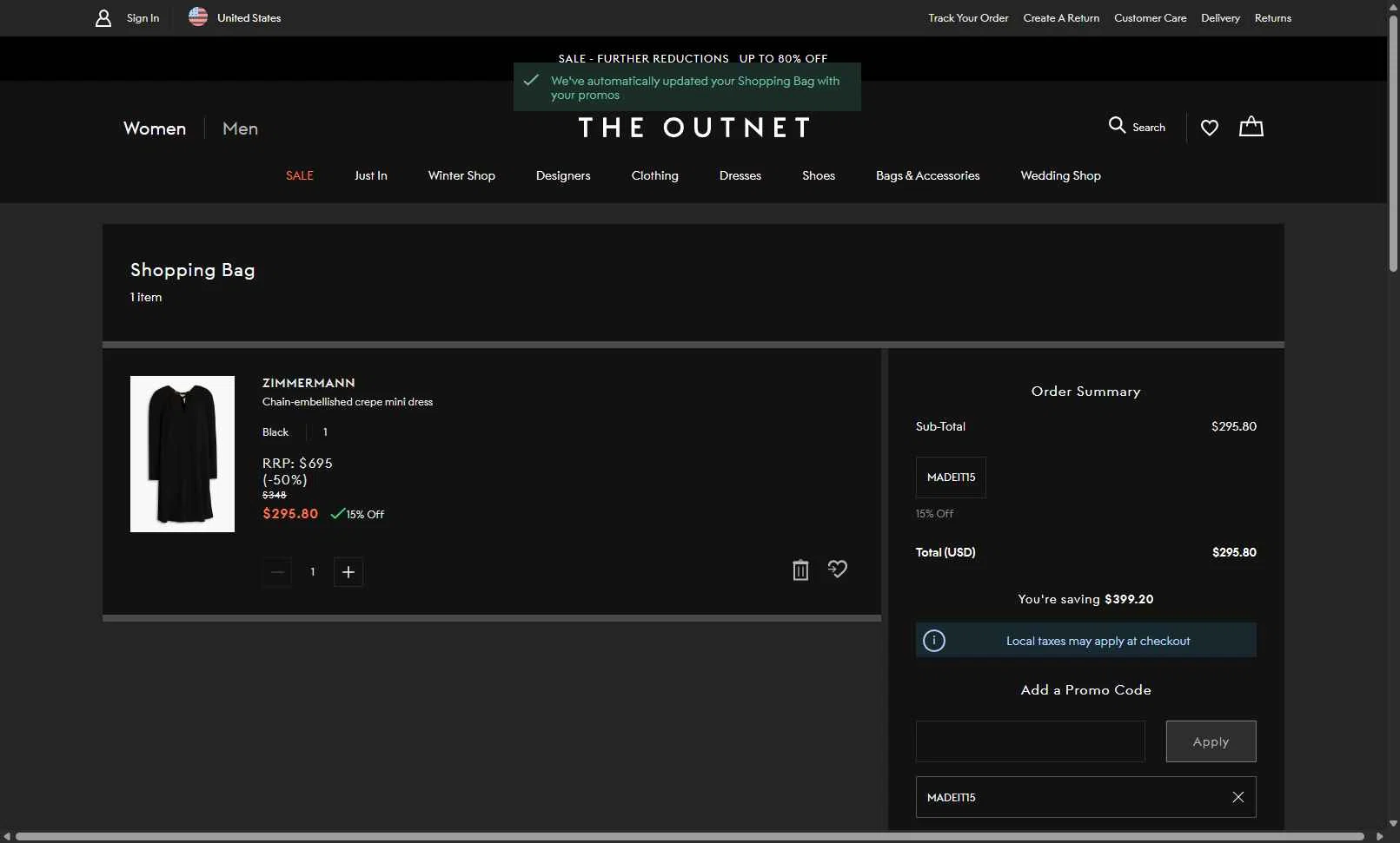 THE OUTNET checkout page showing THE OUTNET promo code box | Screenshot taken by SimplyCodes community member on Dec 24, 2025