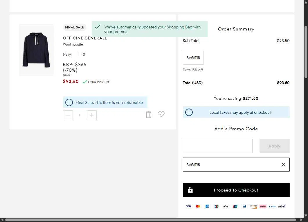 THE OUTNET checkout page showing THE OUTNET promo code box | Screenshot taken by SimplyCodes community member on Dec 18, 2025