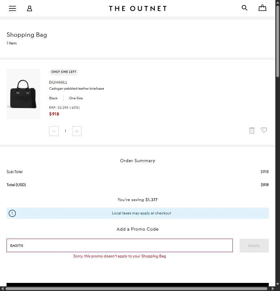 THE OUTNET checkout page showing THE OUTNET promo code box | Screenshot taken by SimplyCodes community member on Jan 9, 2026