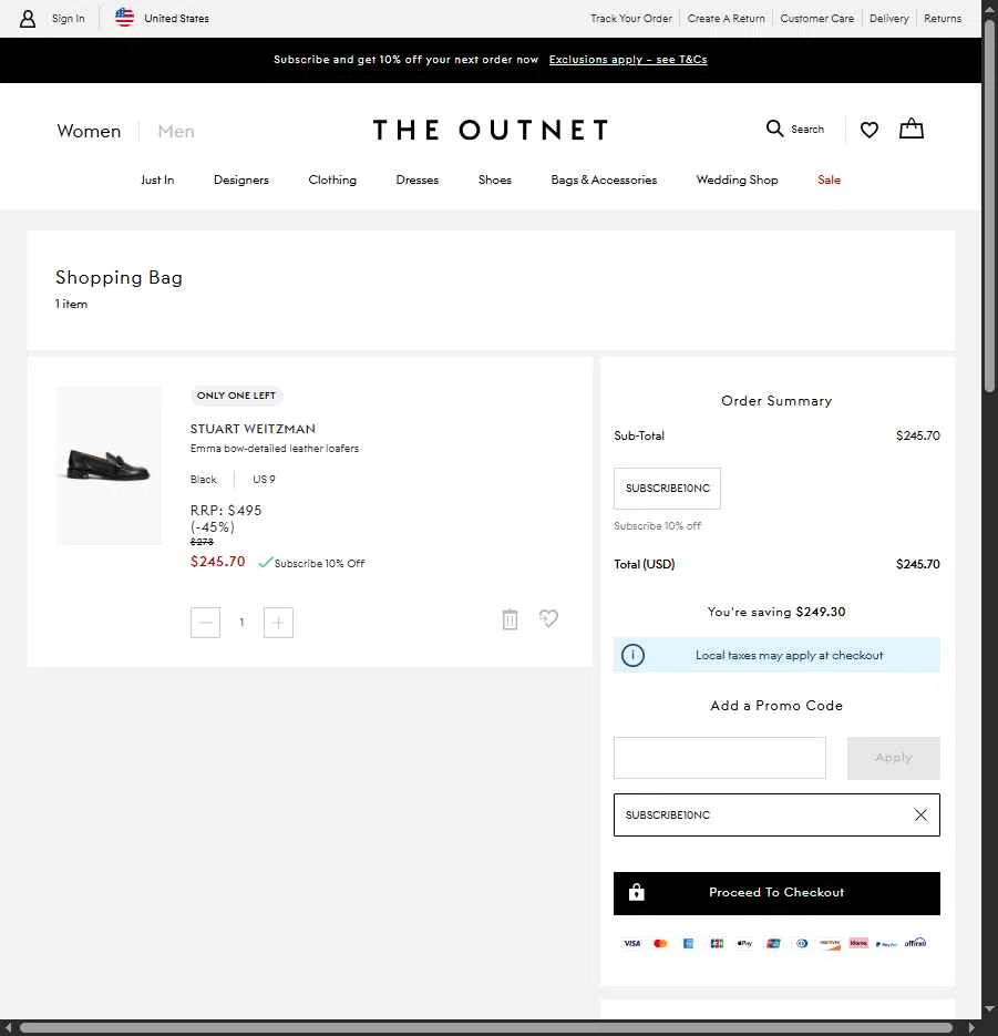 THE OUTNET checkout page showing THE OUTNET promo code box | Screenshot taken by SimplyCodes community member on Jan 28, 2026