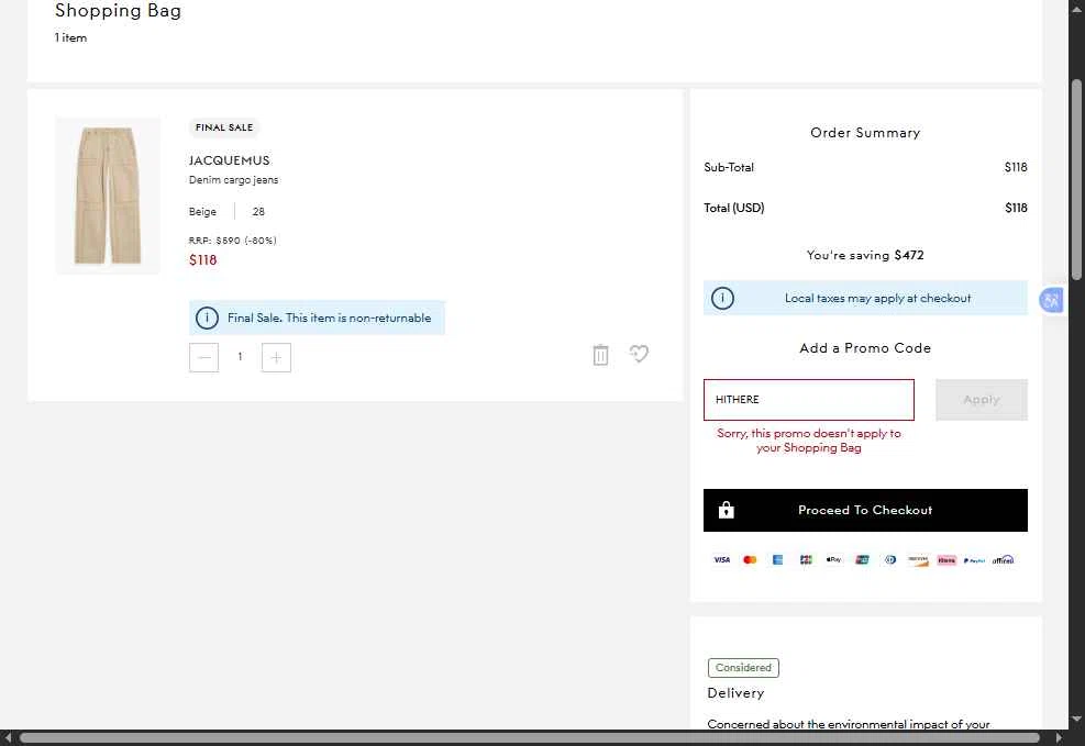 THE OUTNET checkout page showing THE OUTNET promo code box | Screenshot taken by SimplyCodes community member on Jan 11, 2026