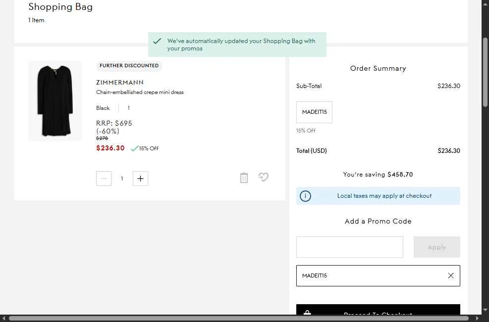 THE OUTNET checkout page showing THE OUTNET promo code box | Screenshot taken by SimplyCodes community member on Feb 3, 2026