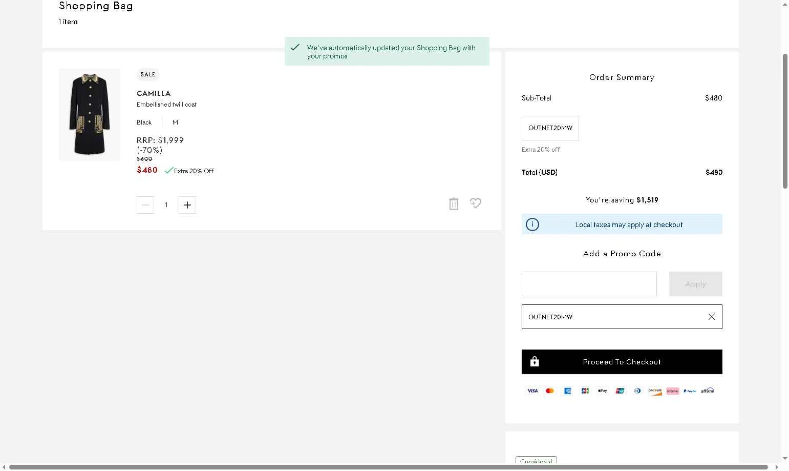 THE OUTNET checkout page showing THE OUTNET promo code box | Screenshot taken by SimplyCodes community member on Dec 20, 2025