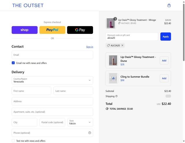 The Outset checkout page showing The Outset discount code box | Screenshot taken by SimplyCodes community member on Sep 15, 2025