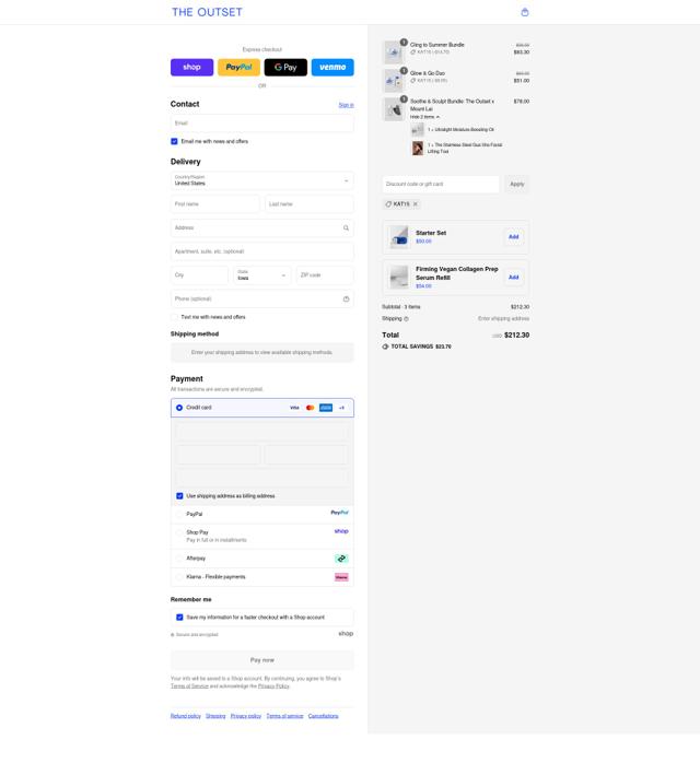 The Outset checkout page showing The Outset discount code box | Screenshot taken by SimplyCodes community member on Sep 12, 2025