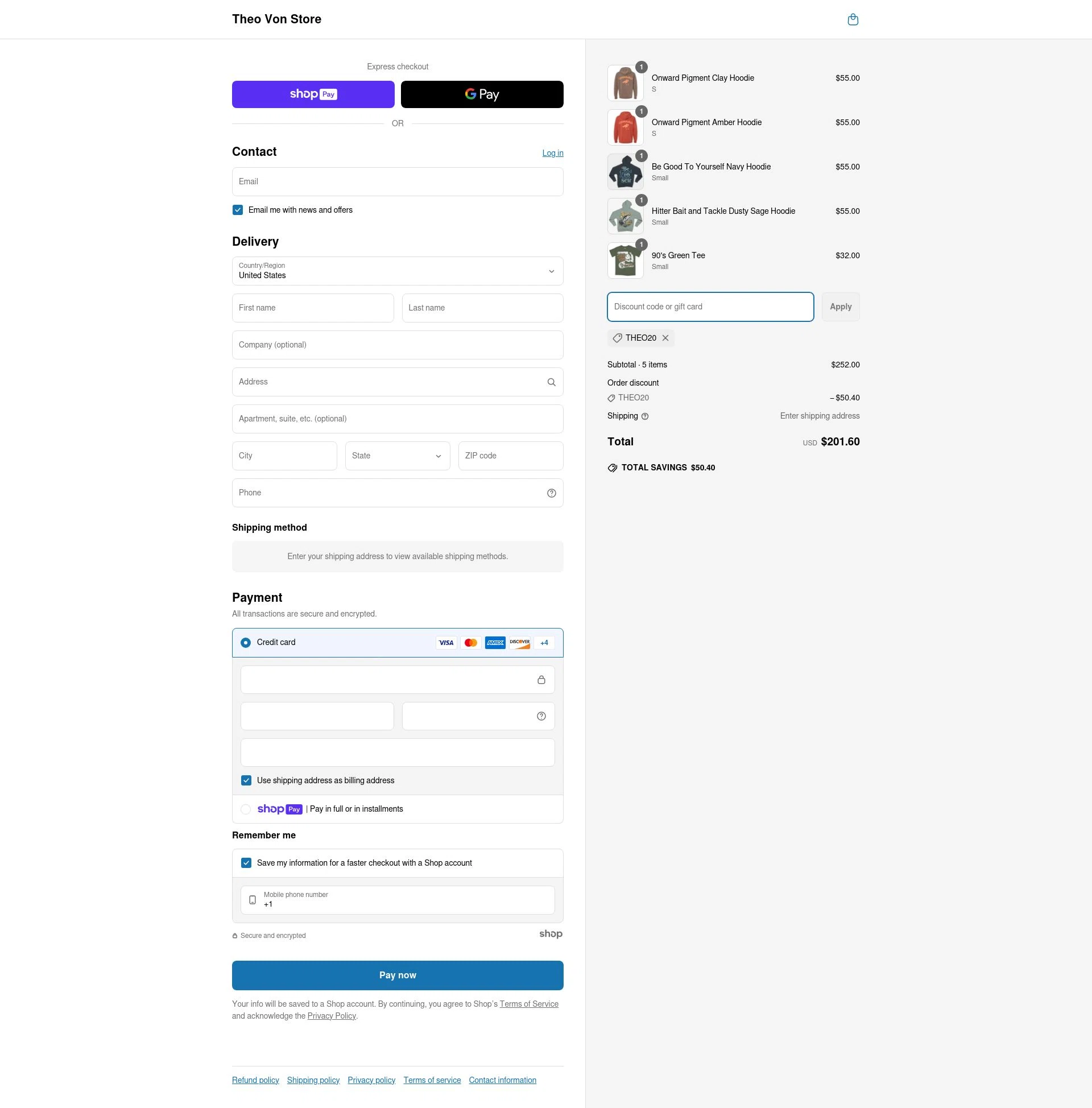 Theo Von Store checkout page showing Theo Von Store discount code box | Screenshot taken by SimplyCodes community member on Apr 25, 2025