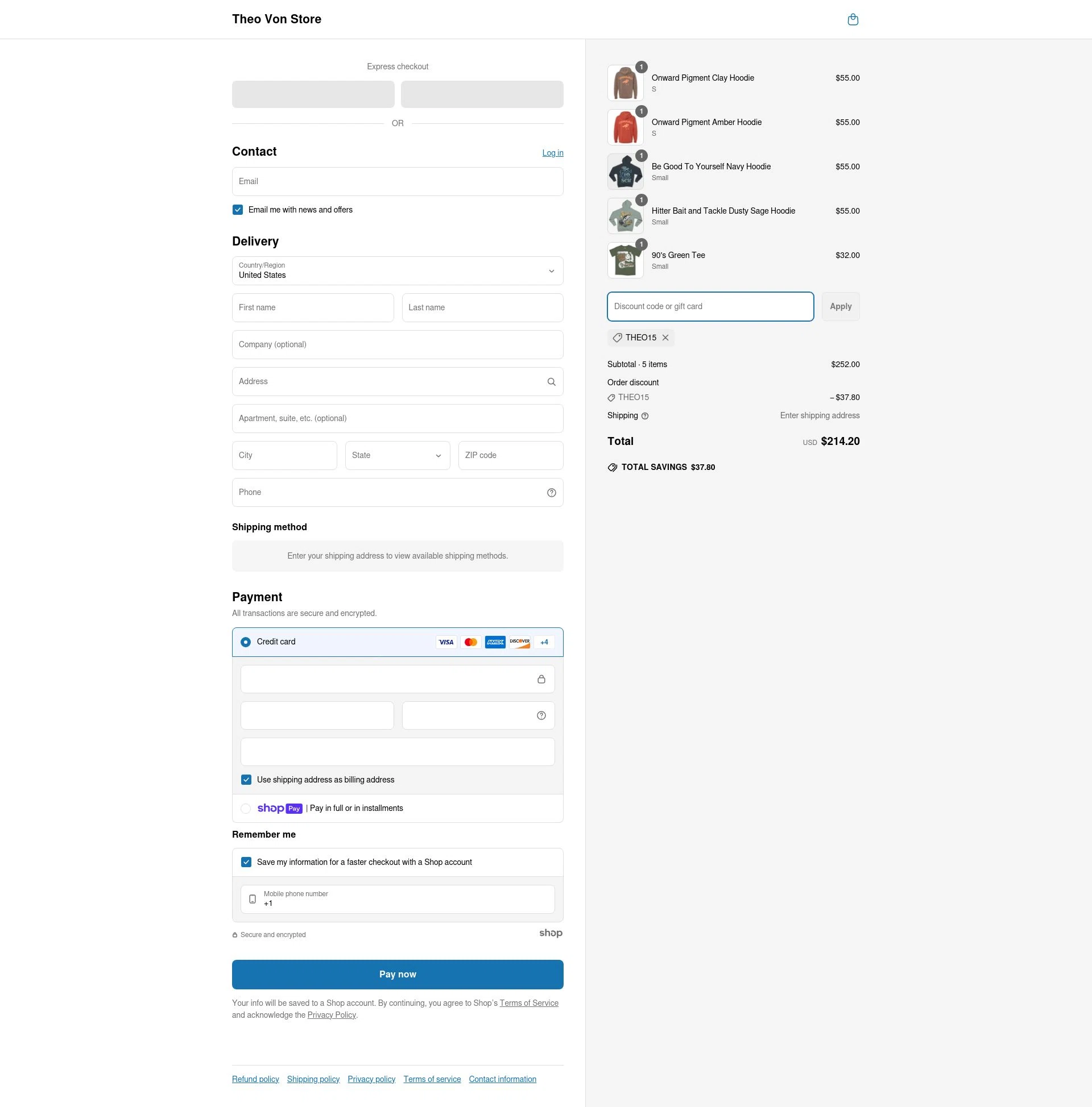 Theo Von Store checkout page showing Theo Von Store discount code box | Screenshot taken by SimplyCodes community member on Apr 25, 2025