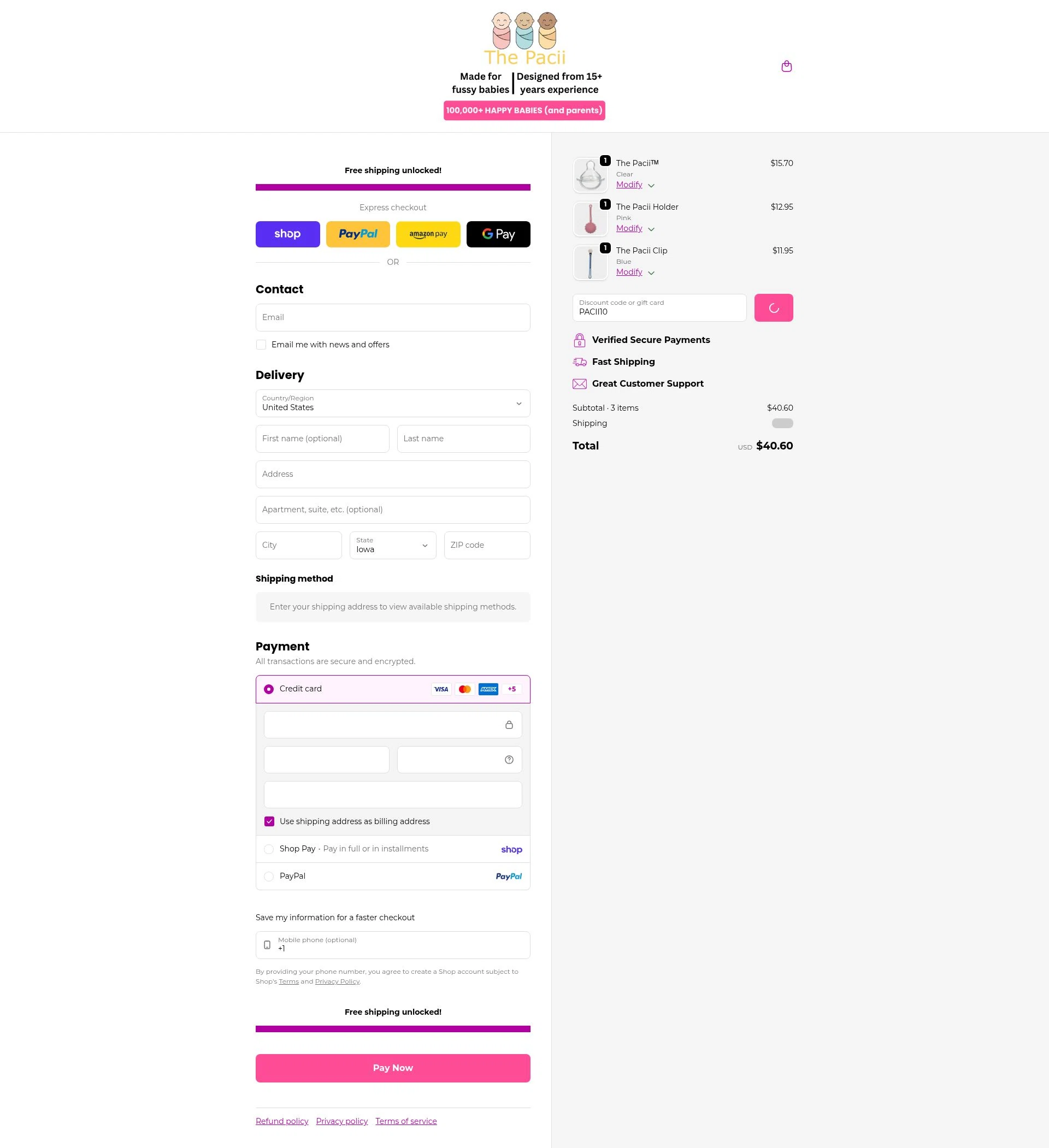 The Pacii checkout page showing The Pacii discount code box | Screenshot taken by SimplyCodes community member on Feb 1, 2026