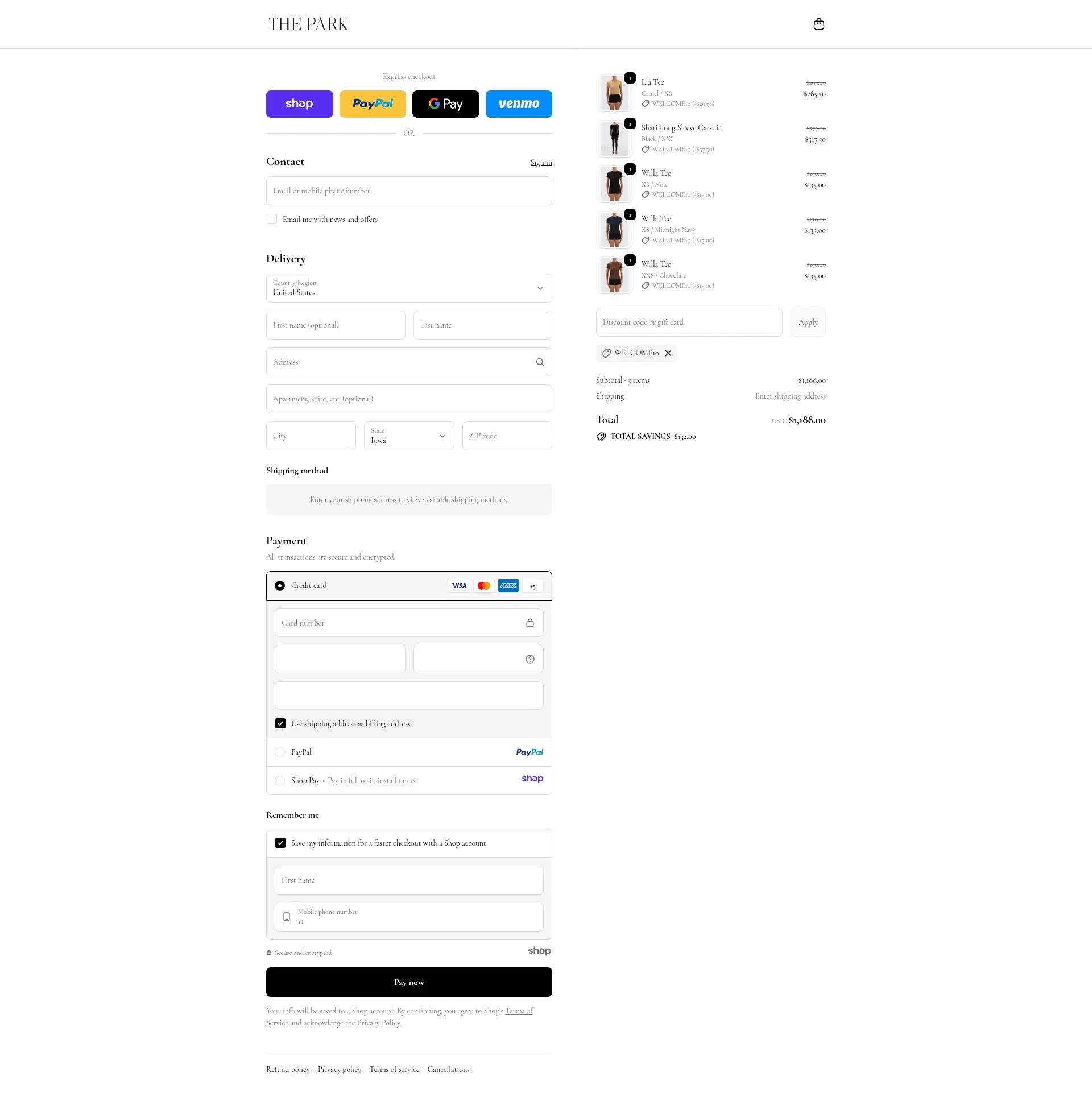 The Park checkout page showing The Park discount code box | Screenshot taken by SimplyCodes community member on Nov 25, 2025