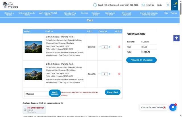The Park Prodigy checkout page showing The Park Prodigy coupon code box | Screenshot taken by SimplyCodes community member on Sep 6, 2025