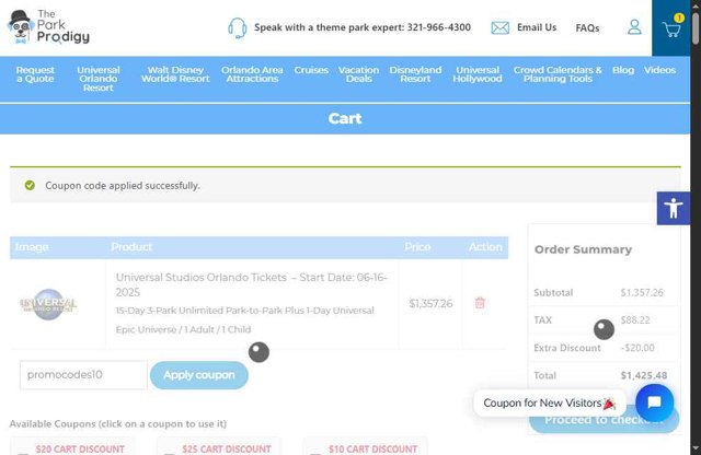 The Park Prodigy checkout page showing The Park Prodigy coupon code box | Screenshot taken by SimplyCodes community member on May 16, 2025