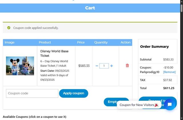 The Park Prodigy checkout page showing The Park Prodigy coupon code box | Screenshot taken by SimplyCodes community member on Sep 1, 2025