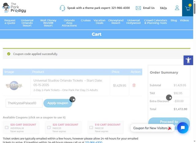 The Park Prodigy checkout page showing The Park Prodigy coupon code box | Screenshot taken by SimplyCodes community member on May 12, 2025