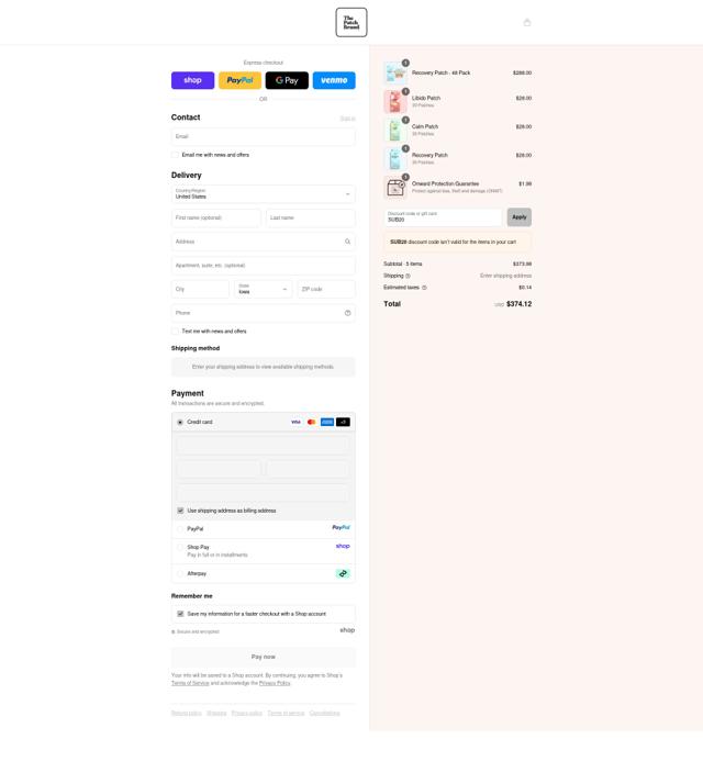 The Patch Brand checkout page showing The Patch Brand promo code box | Screenshot taken by SimplyCodes community member on Sep 10, 2025