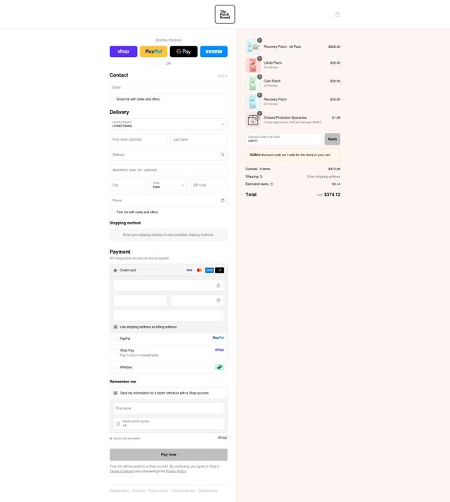The Patch Brand checkout page showing The Patch Brand promo code box | Screenshot taken by SimplyCodes community member on Sep 10, 2025