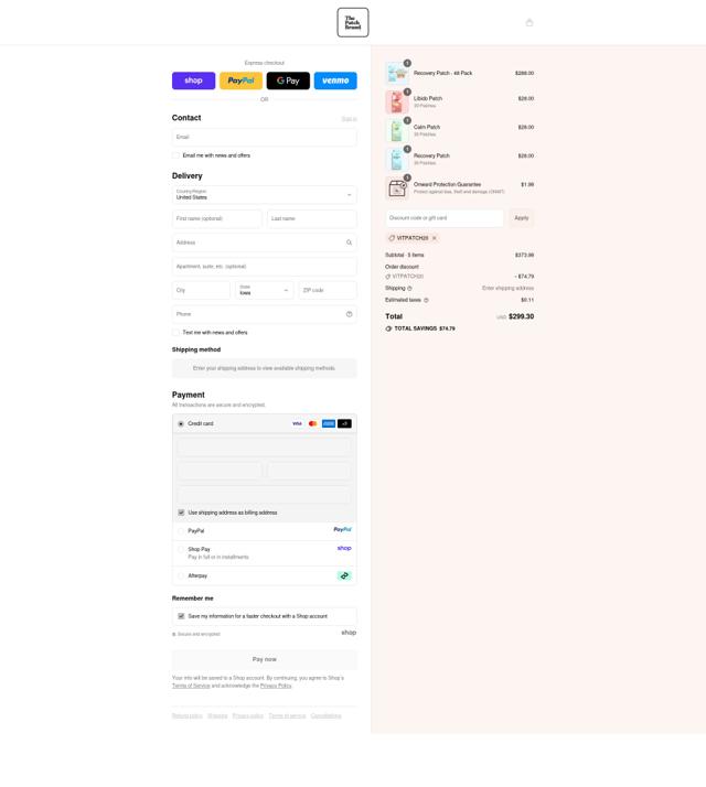 The Patch Brand checkout page showing The Patch Brand promo code box | Screenshot taken by SimplyCodes community member on Sep 10, 2025
