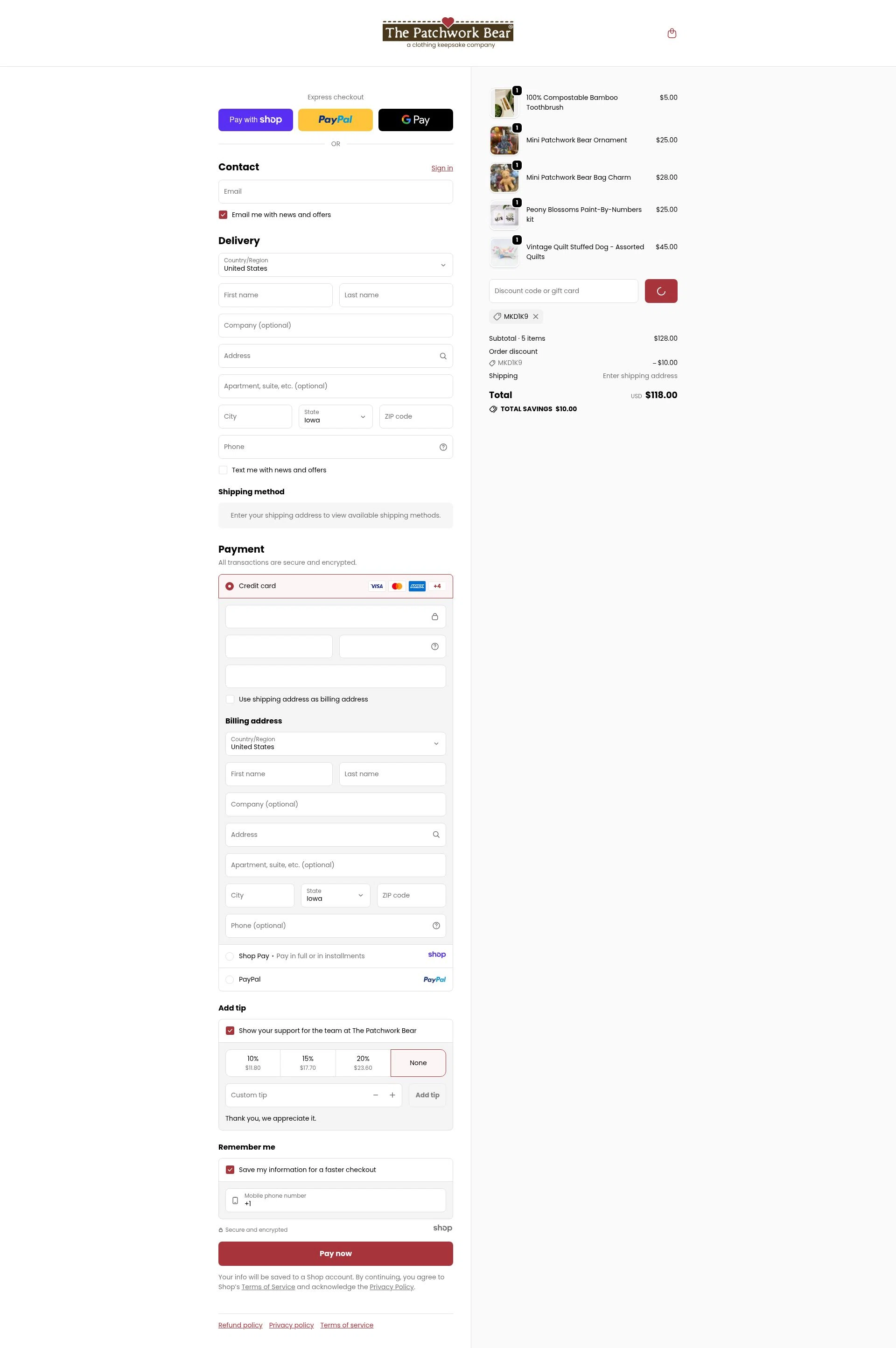 The Patchwork Bear checkout page showing The Patchwork Bear promo code box | Screenshot taken by SimplyCodes community member on Jan 7, 2026