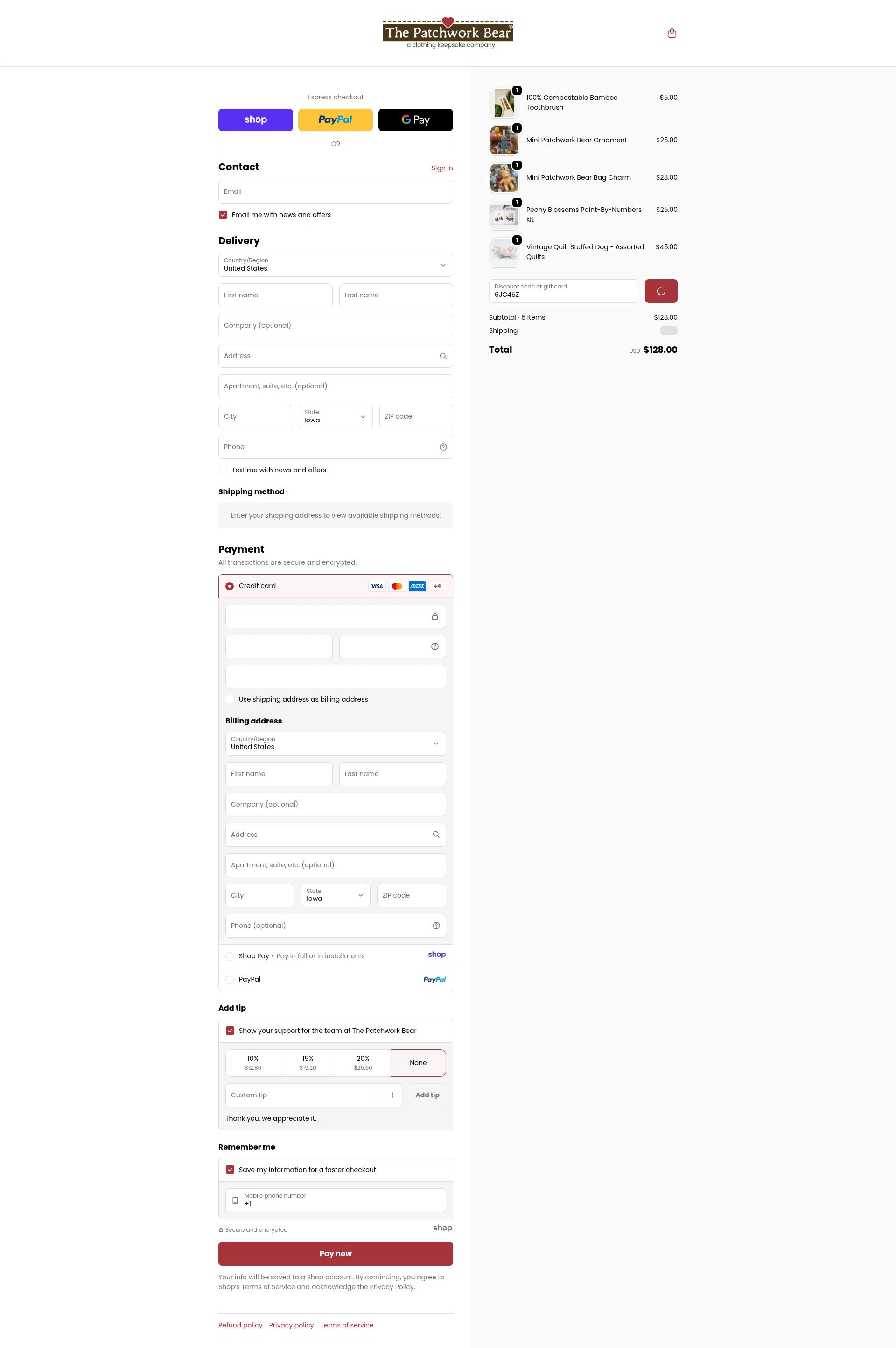 The Patchwork Bear checkout page showing The Patchwork Bear promo code box | Screenshot taken by SimplyCodes community member on Jan 7, 2026