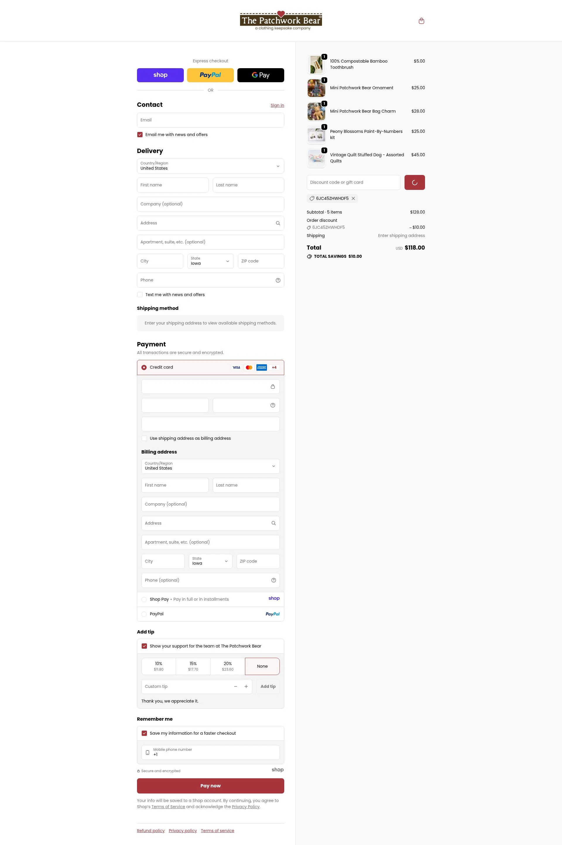 The Patchwork Bear checkout page showing The Patchwork Bear promo code box | Screenshot taken by SimplyCodes community member on Jan 7, 2026