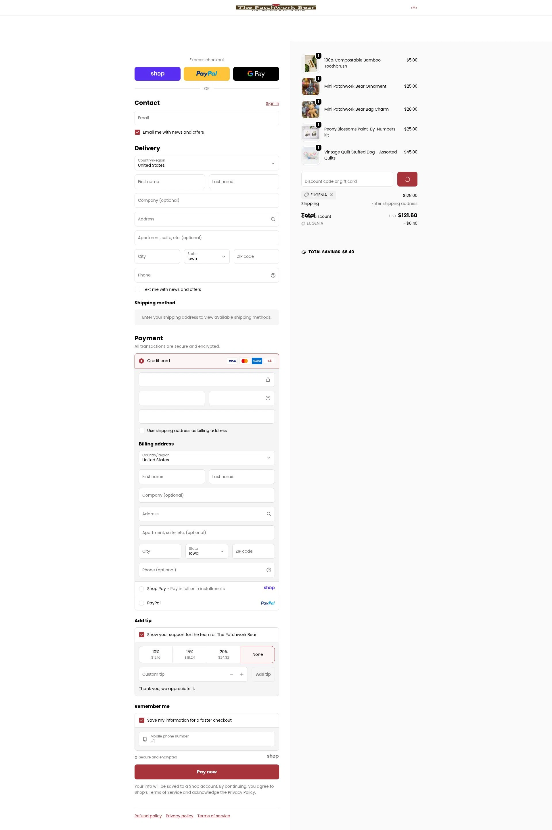 The Patchwork Bear checkout page showing The Patchwork Bear promo code box | Screenshot taken by SimplyCodes community member on Jan 7, 2026