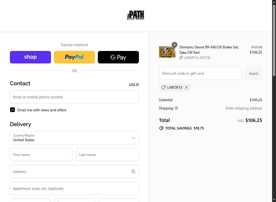 The Path Bike Shop checkout page showing The Path Bike Shop discount code box | Screenshot taken by SimplyCodes community member on Aug 29, 2025