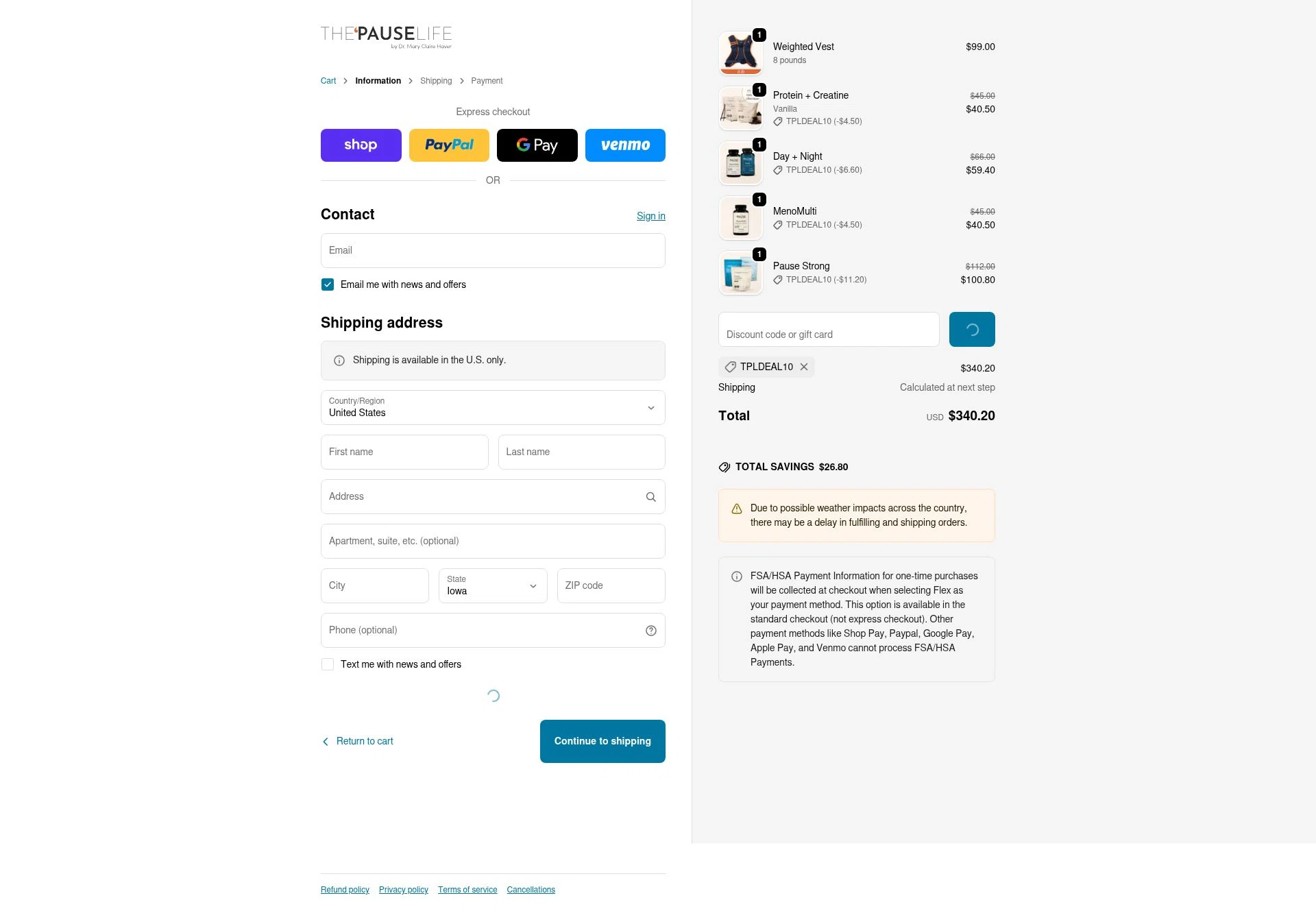 The 'Pause Life checkout page showing The 'Pause Life discount code box | Screenshot taken by SimplyCodes community member on Jan 29, 2026