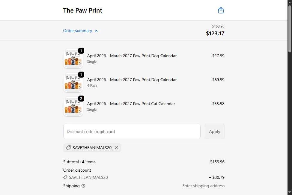 The Paw Print checkout page showing The Paw Print discount code box | Screenshot taken by SimplyCodes community member on Feb 3, 2026