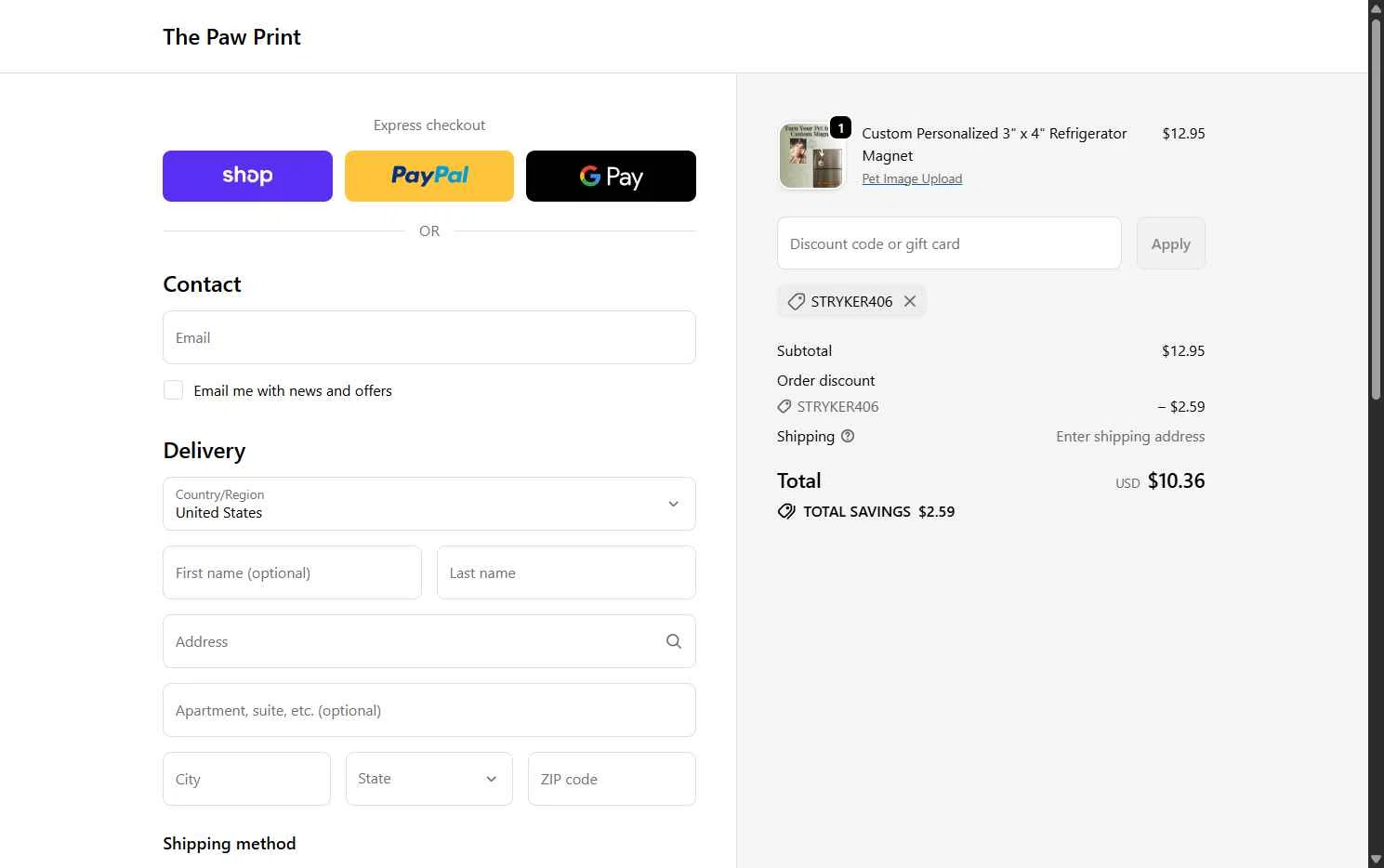 The Paw Print checkout page showing The Paw Print discount code box | Screenshot taken by SimplyCodes community member on Feb 3, 2026