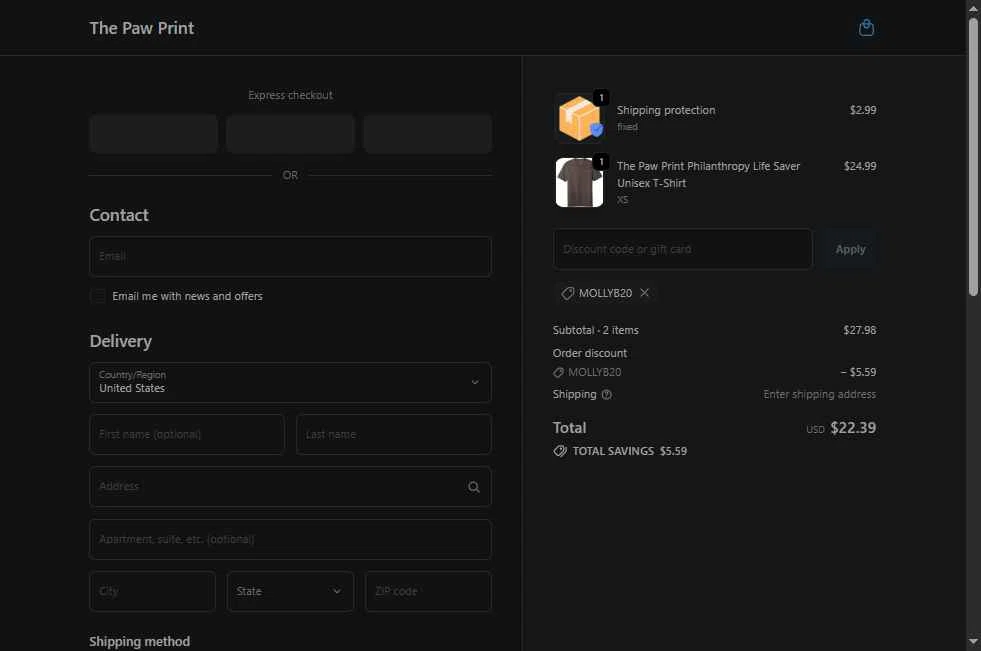 The Paw Print checkout page showing The Paw Print discount code box | Screenshot taken by SimplyCodes community member on Feb 3, 2026