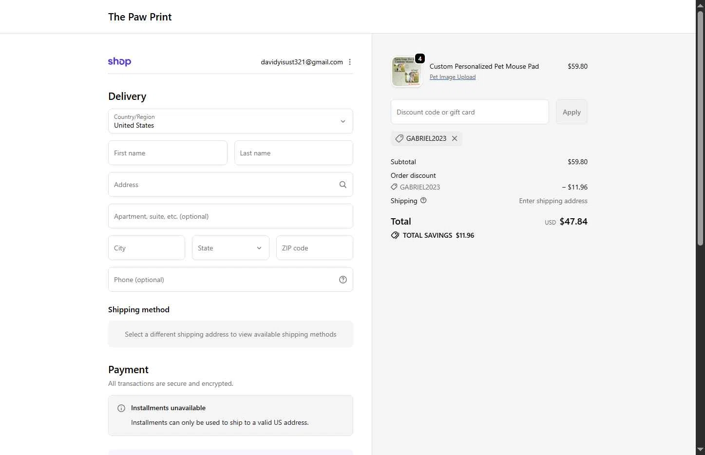 The Paw Print checkout page showing The Paw Print discount code box | Screenshot taken by SimplyCodes community member on Feb 3, 2026