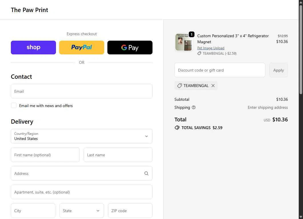 The Paw Print checkout page showing The Paw Print discount code box | Screenshot taken by SimplyCodes community member on Feb 3, 2026