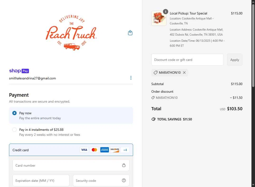 The Peach Truck checkout page showing The Peach Truck discount code box | Screenshot taken by SimplyCodes community member on May 29, 2025
