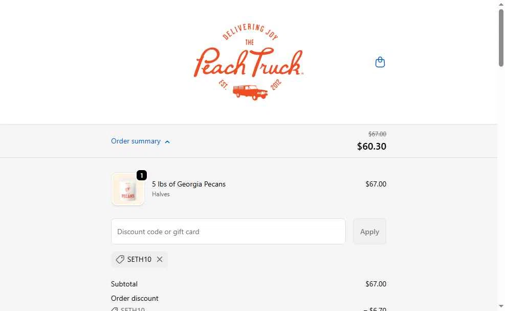 The Peach Truck checkout page showing The Peach Truck discount code box | Screenshot taken by SimplyCodes community member on Nov 10, 2025
