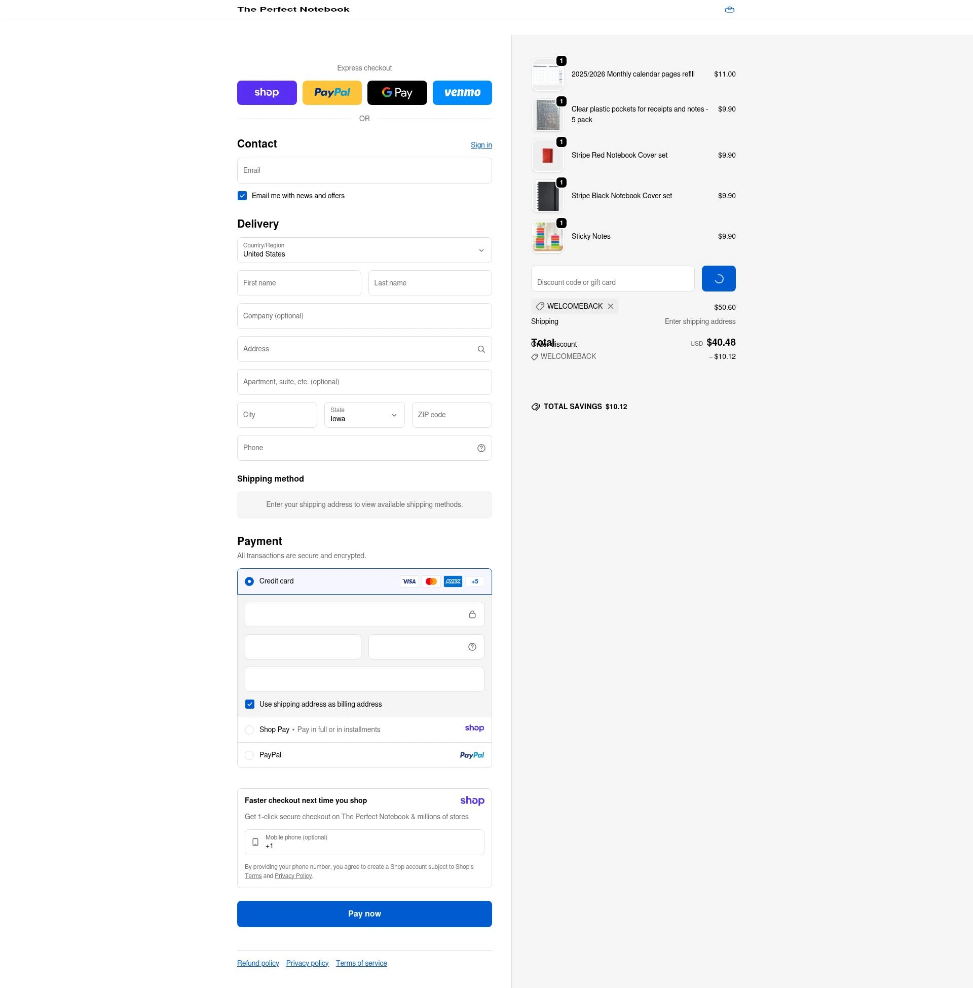 The Perfect Notebook checkout page showing The Perfect Notebook promo code box | Screenshot taken by SimplyCodes community member on Jan 10, 2026