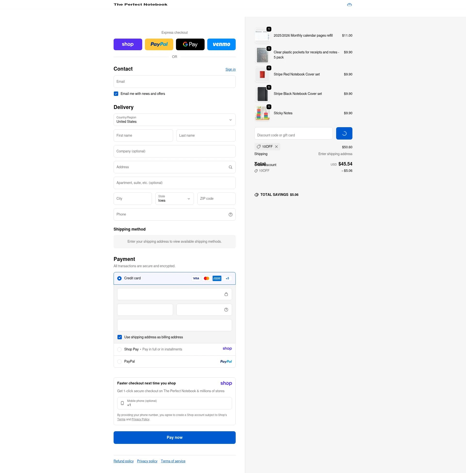 The Perfect Notebook checkout page showing The Perfect Notebook promo code box | Screenshot taken by SimplyCodes community member on Jan 10, 2026
