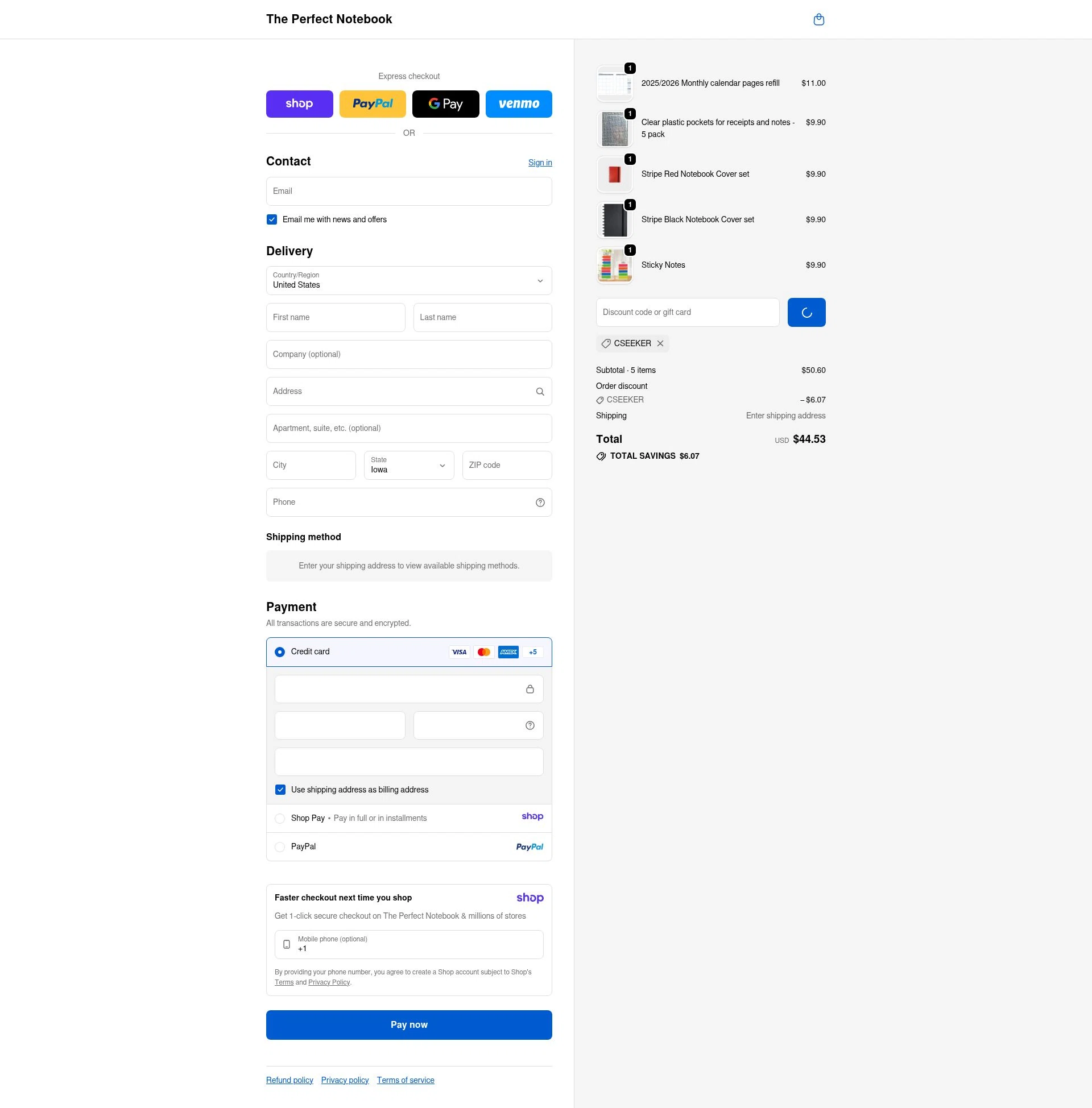 The Perfect Notebook checkout page showing The Perfect Notebook promo code box | Screenshot taken by SimplyCodes community member on Jan 10, 2026