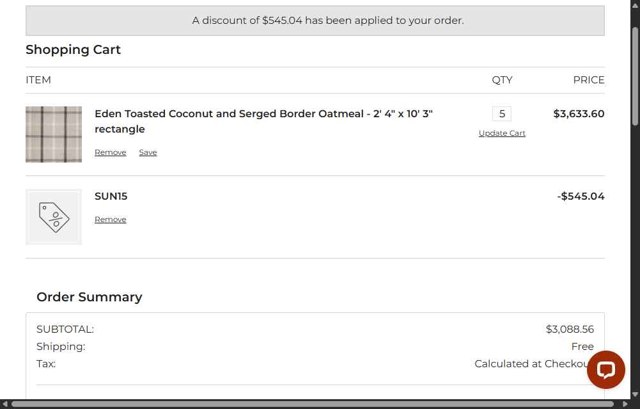 The Perfect Rug checkout page showing The Perfect Rug promo code box | Screenshot taken by SimplyCodes community member on Jul 1, 2025
