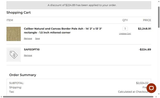 The Perfect Rug checkout page showing The Perfect Rug promo code box | Screenshot taken by SimplyCodes community member on Jul 9, 2025
