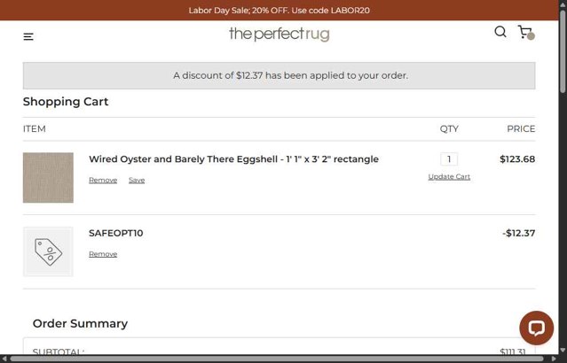 The Perfect Rug checkout page showing The Perfect Rug promo code box | Screenshot taken by SimplyCodes community member on Aug 30, 2025