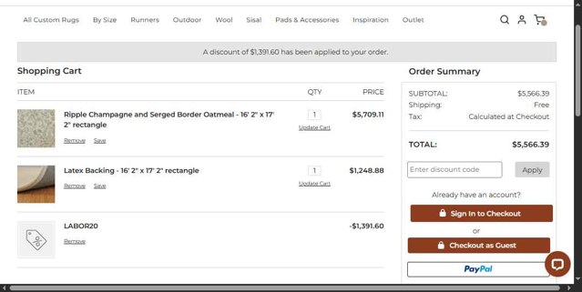 The Perfect Rug checkout page showing The Perfect Rug promo code box | Screenshot taken by SimplyCodes community member on Aug 29, 2025