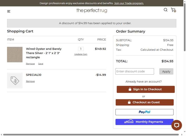 The Perfect Rug checkout page showing The Perfect Rug promo code box | Screenshot taken by SimplyCodes community member on Aug 19, 2025