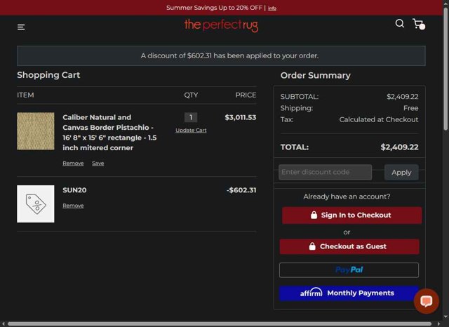 The Perfect Rug checkout page showing The Perfect Rug promo code box | Screenshot taken by SimplyCodes community member on Jul 1, 2025