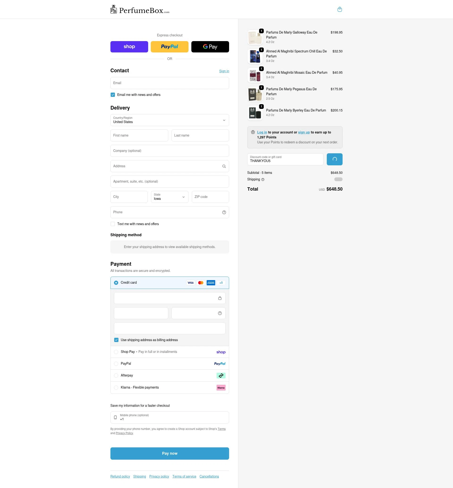 The Perfumebox checkout page showing The Perfumebox promo code box | Screenshot taken by SimplyCodes community member on Feb 25, 2026