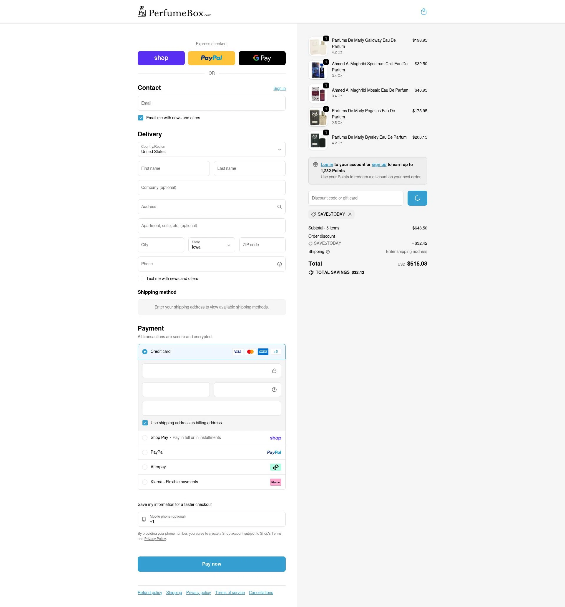 The Perfumebox checkout page showing The Perfumebox promo code box | Screenshot taken by SimplyCodes community member on Feb 25, 2026