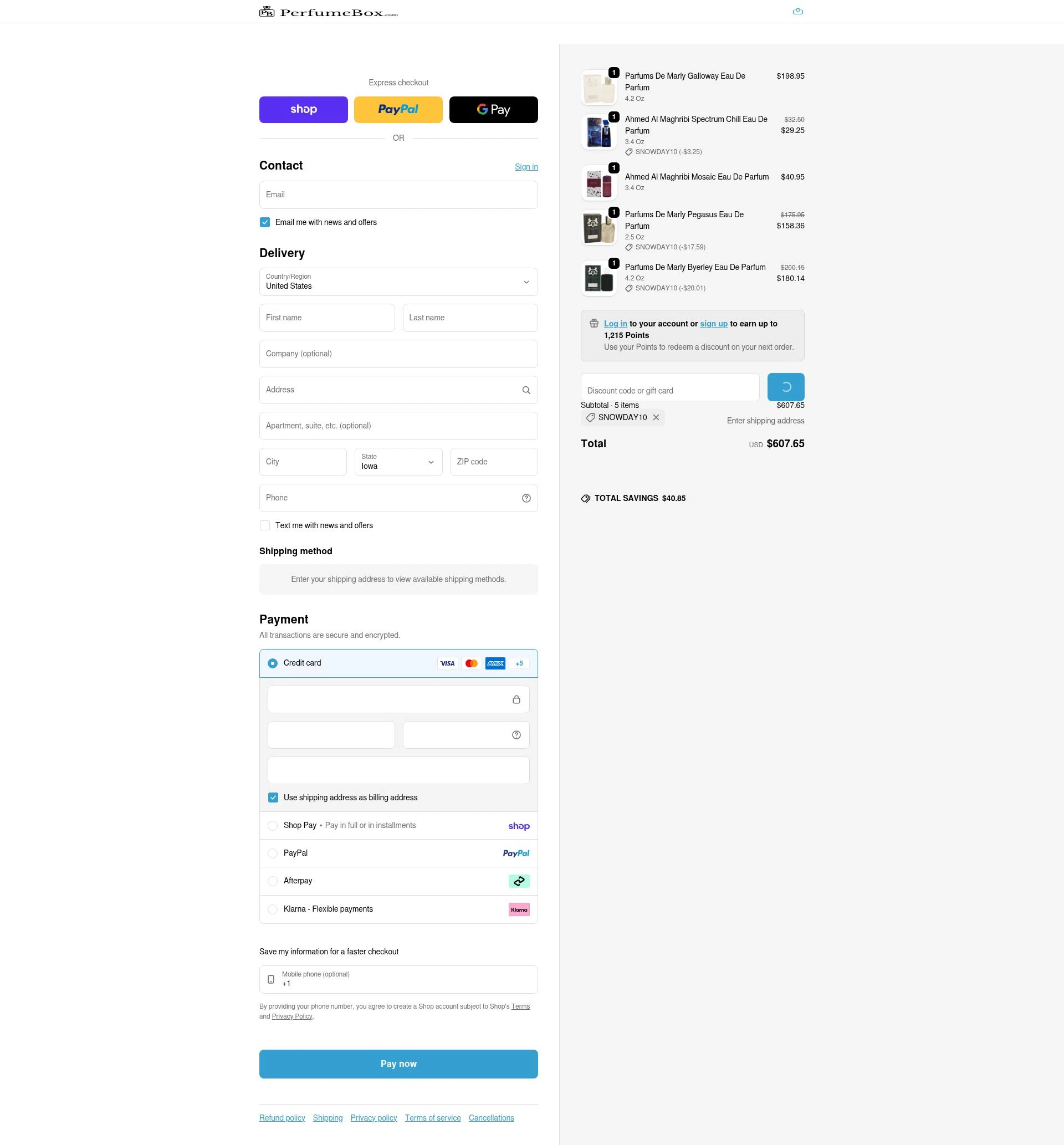 The Perfumebox checkout page showing The Perfumebox promo code box | Screenshot taken by SimplyCodes community member on Feb 25, 2026